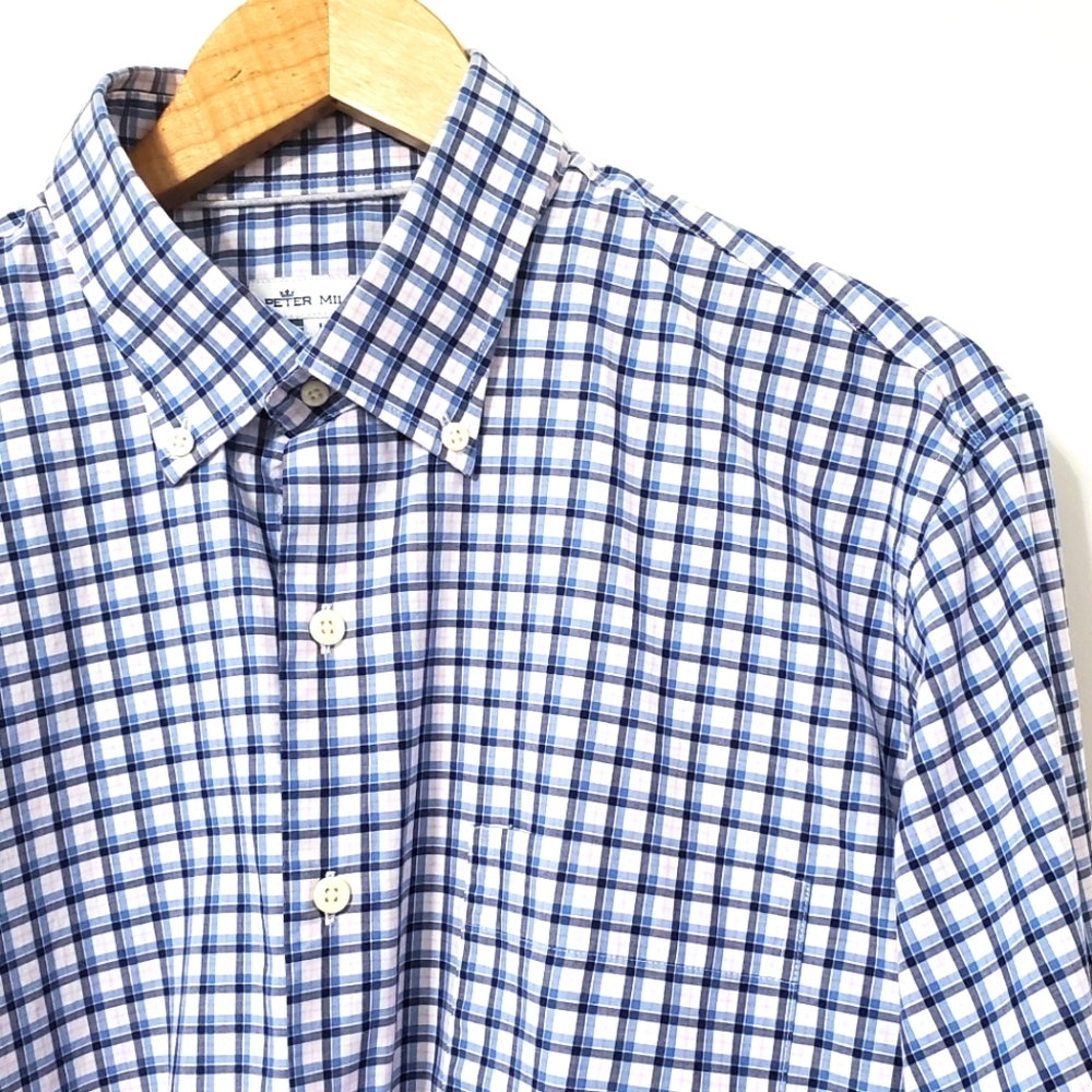 Peter Millar Blue Plaid Long Sleeve Cotton Button Front Shirt Large